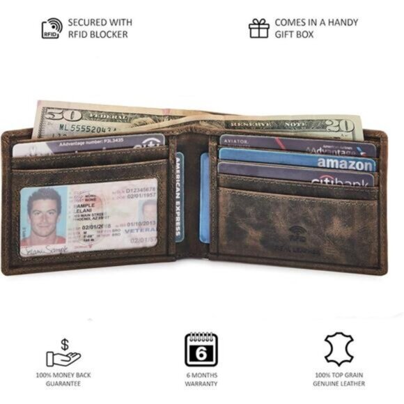 Mens Bifold Wallet RFID Blocking Slim Minimalist Cognac - Picture 5 of 6